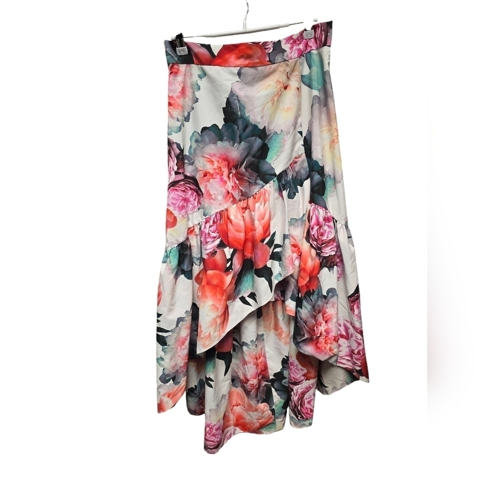 ELIZA J Cream Pink Floral Print Ruffle High Low Taffeta Skirt Sz. 8 NWT